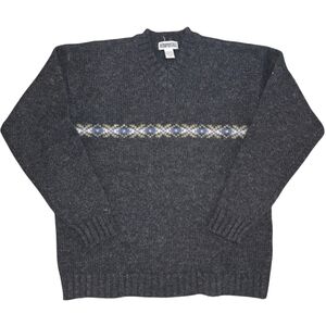 Vintage Aeropostale Knitted V-Neck Wool Sweater Size Medium Fair Isle Charcoal